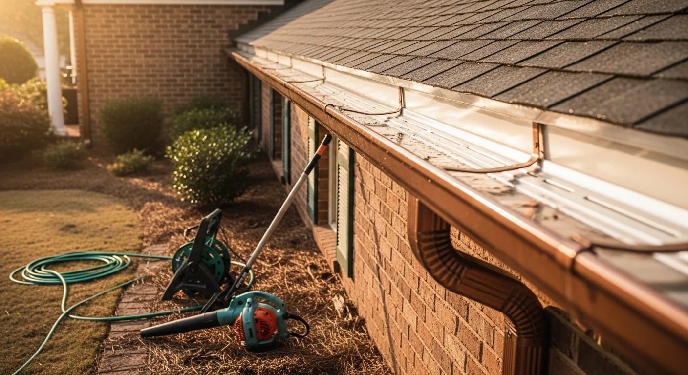 Technician cleaning residential gutters on a home in Athens Georgia