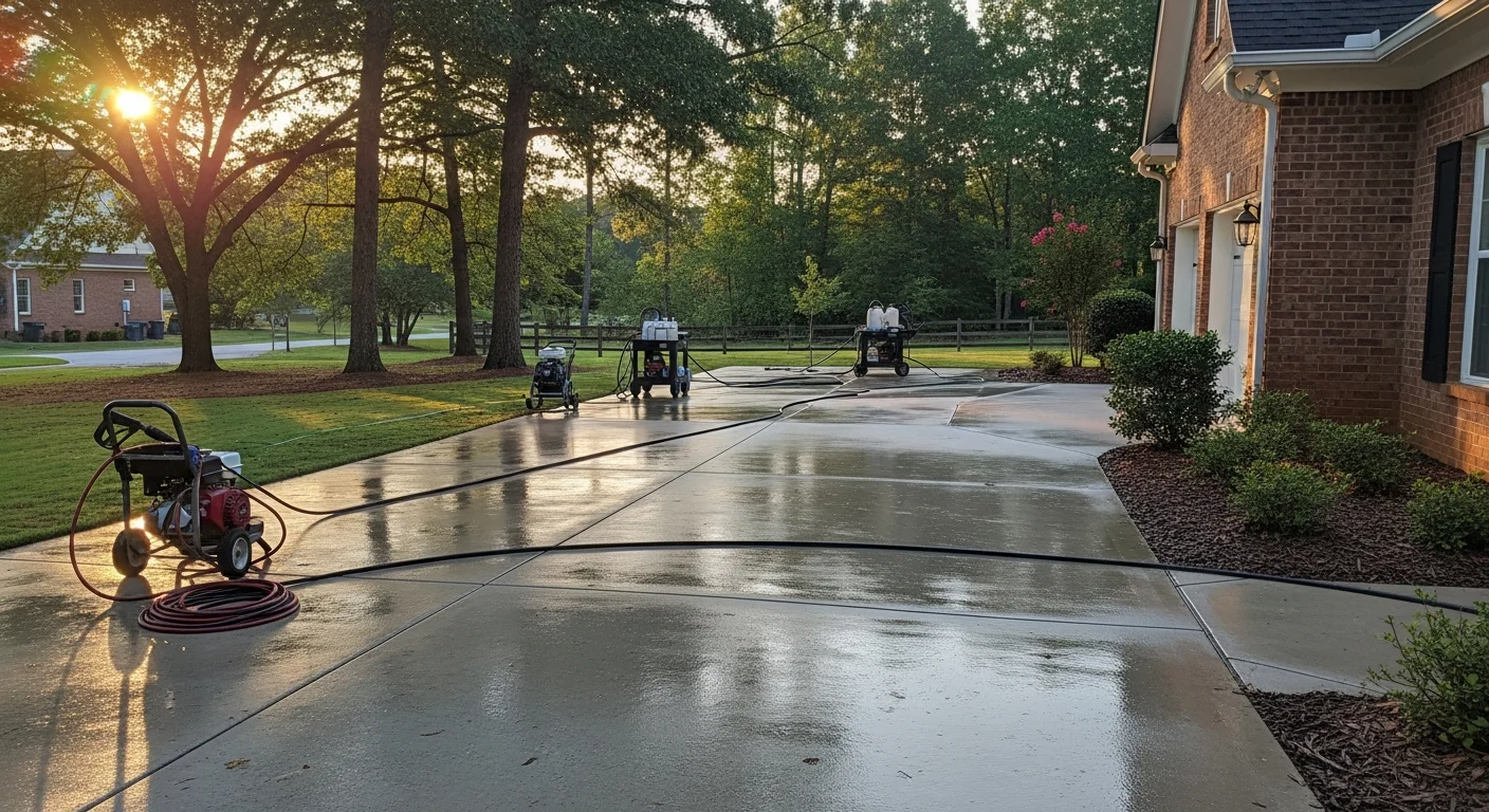 Professional pressure washing cleaning a residential driveway in Athens Georgia
