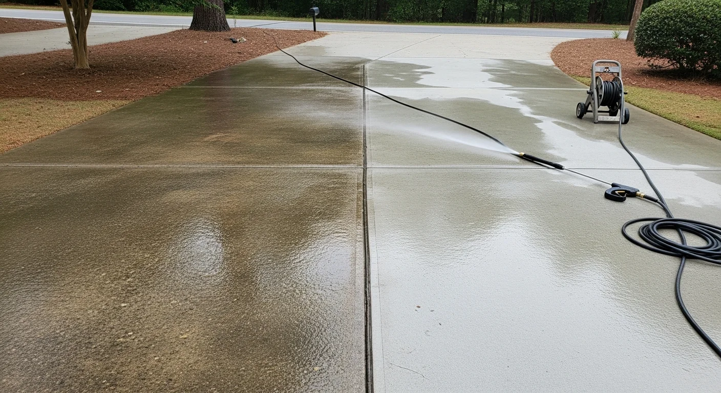 A concrete driveway in Athens, GA shown before and after professional pressure washing, with dark algae staining and red clay discoloration removed to reveal clean, even gray concrete. Cook Professional Services pressure washing equipment visible on the right side of the frame.