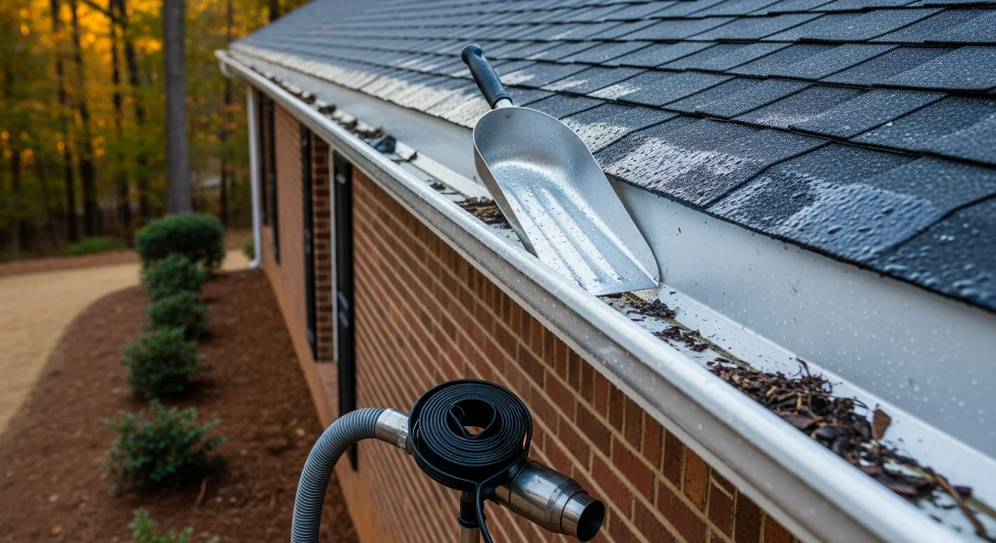 A gutter cleaning technician removing packed oak leaves and pine needle debris from a residential gutter on a two-story home in Athens, GA. Clean downspouts and cleared channels are visible along the roofline after service.
