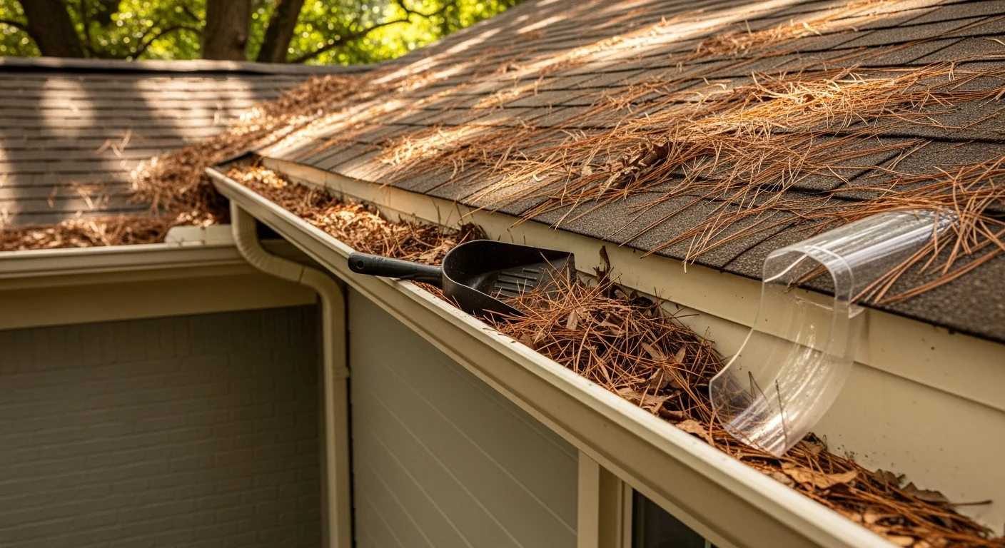 A Cook Professional Services technician inspecting a residential gutter system on an Athens, GA home surrounded by mature oak trees. The technician checks the gutter channel and downspout connection for clogs, sagging, and signs of water damage.