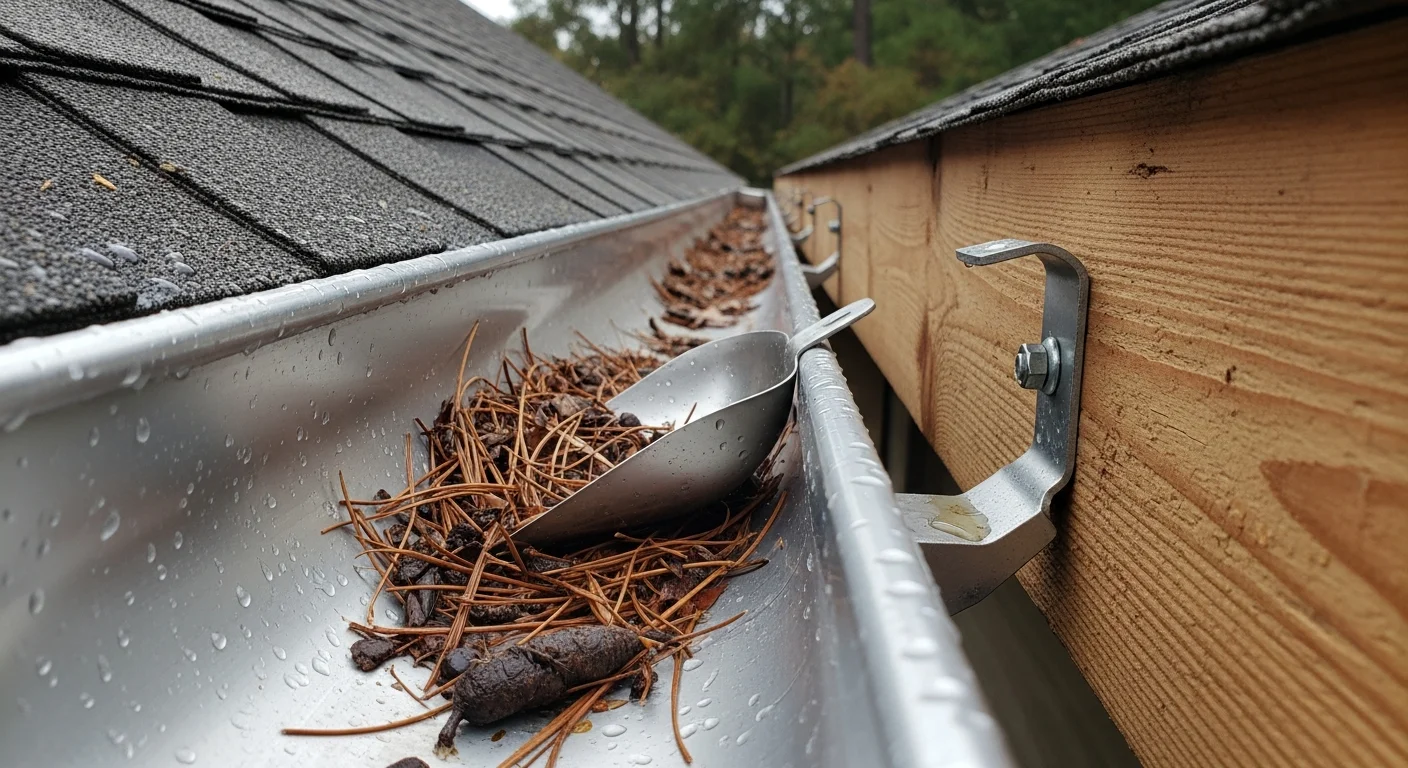 A Cook Professional Services technician clearing pine straw and leaf debris from a residential gutter on a single-story Athens, GA home. The downspout runs clear against a red brick exterior with mature oak trees visible in the background.