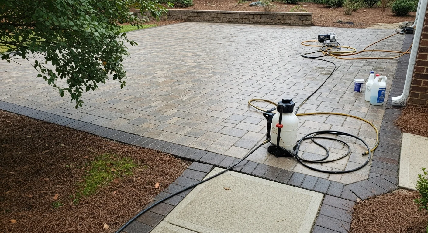 Freshly sealed paver patio in Athens, GA with a clean, uniform surface and well-defined joints. A Cook Professional Services technician applies sealer to an outdoor hardscape area surrounded by mature trees typical of the Athens landscape.