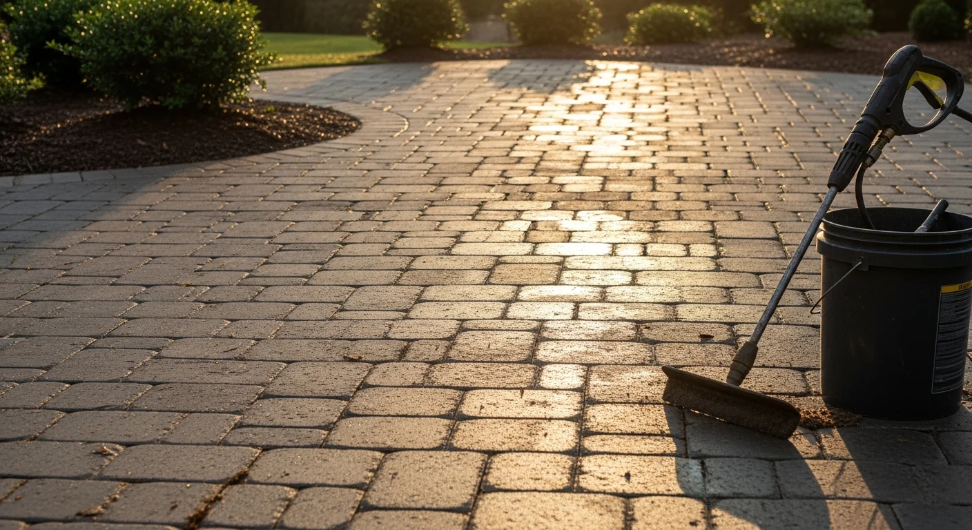 Restored brick paver patio in Athens, GA showing clean, evenly spaced joints and refreshed surface color after professional cleaning, re-sanding, and sealing. A residential backyard setting with a smooth, level surface free of weeds, staining, and algae growth.