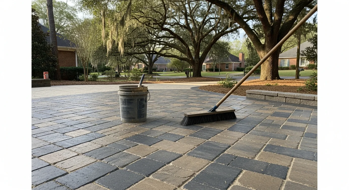 Freshly sealed brick paver patio in an Athens, GA backyard with clean, uniform joints and a low-sheen protective finish. A Cook Professional Services technician applies joint sand to the surface before sealing.