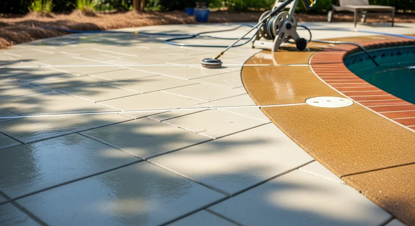 A freshly pressure-washed concrete pool deck in an Athens, GA backyard showing clean, bright surface free of algae and dark staining. The surrounding area includes a residential pool with paver coping, with visible contrast between the cleaned and uncleaned sections.