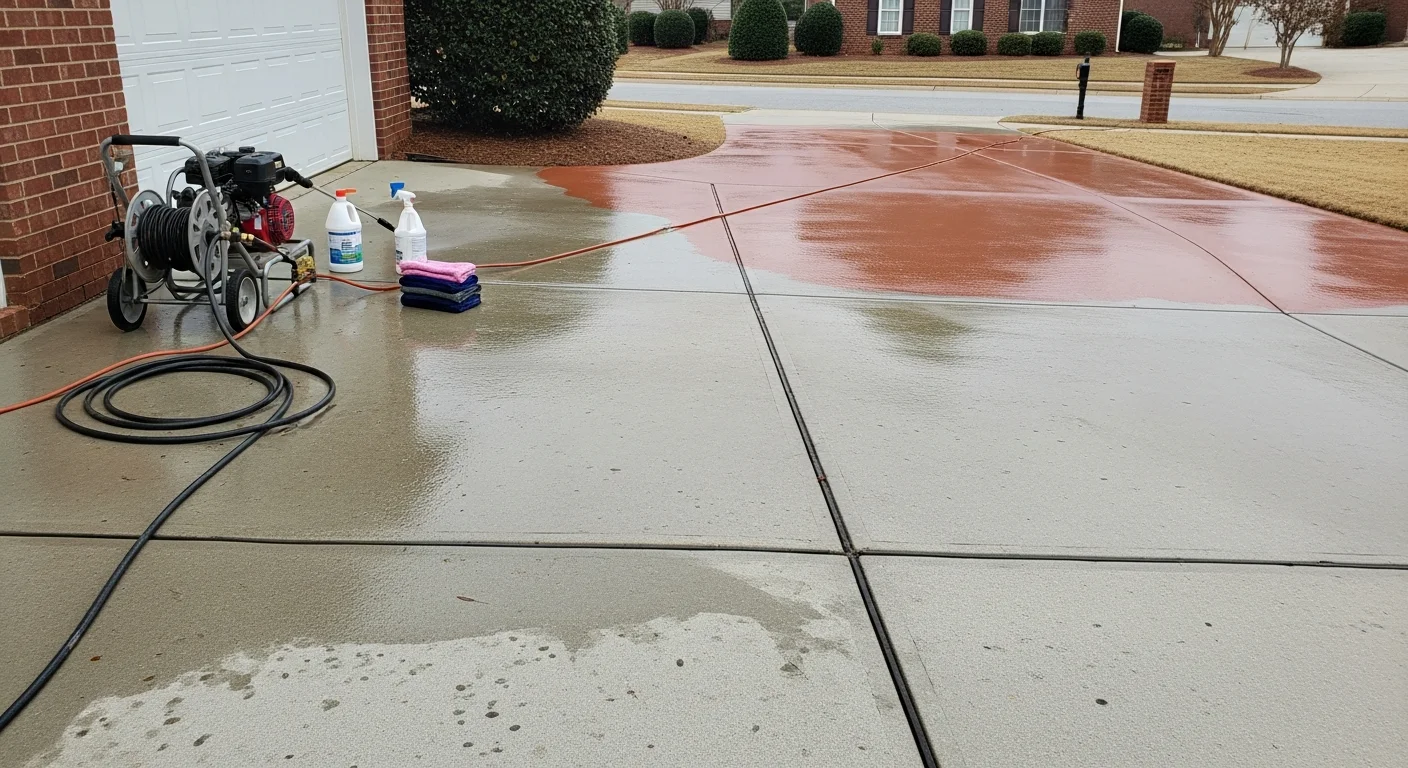 A pressure washer clearing dark mold and red clay staining from a concrete driveway at a residential property in Athens, GA. The cleaned half of the driveway shows a sharp contrast against the stained surface still awaiting treatment.