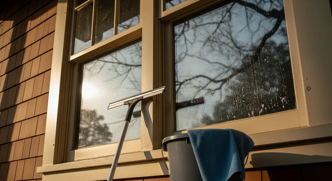 A Cook Professional Services technician cleaning the exterior windows of a single-family home in Athens, GA, with clear streak-free glass reflecting the surrounding tree canopy. The home shows a classic residential facade typical of established Athens neighborhoods.