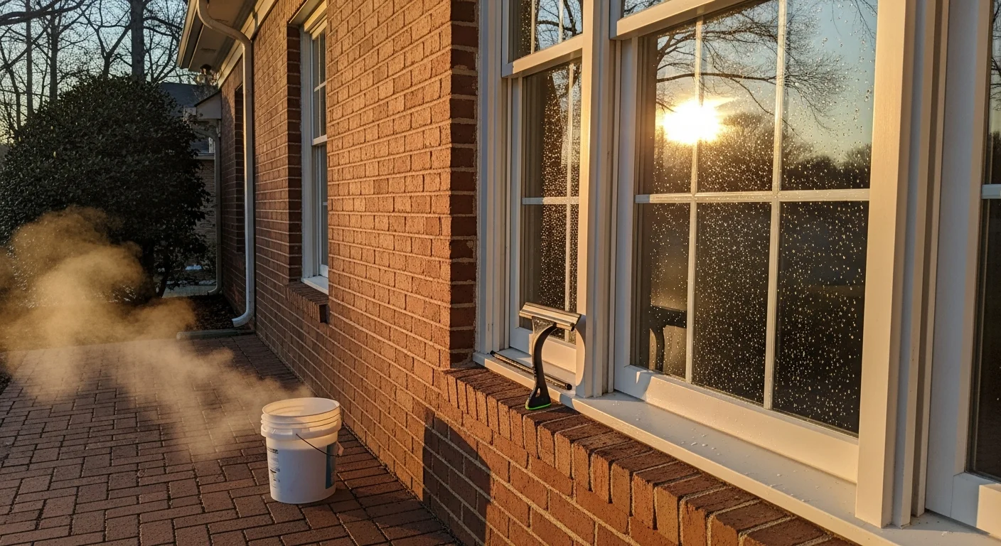 A Cook Professional Services technician cleaning the exterior windows of a brick residential home in Athens, GA. The finished glass reflects clear sky with no pollen film or streaks visible on the panes.